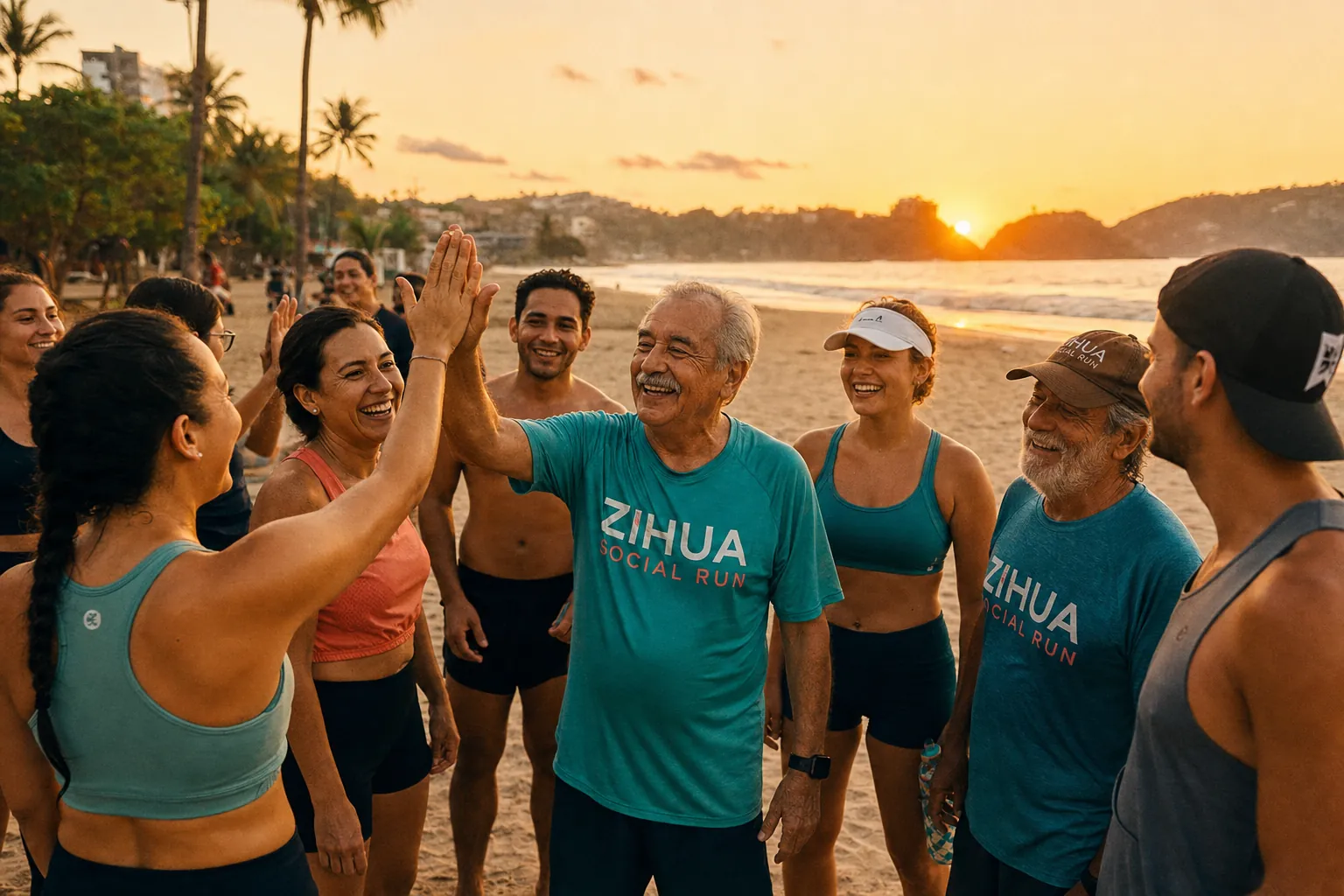 Grupo de corredores del Zihuatanejo Run Club celebrando juntos después de una carrera en la playa