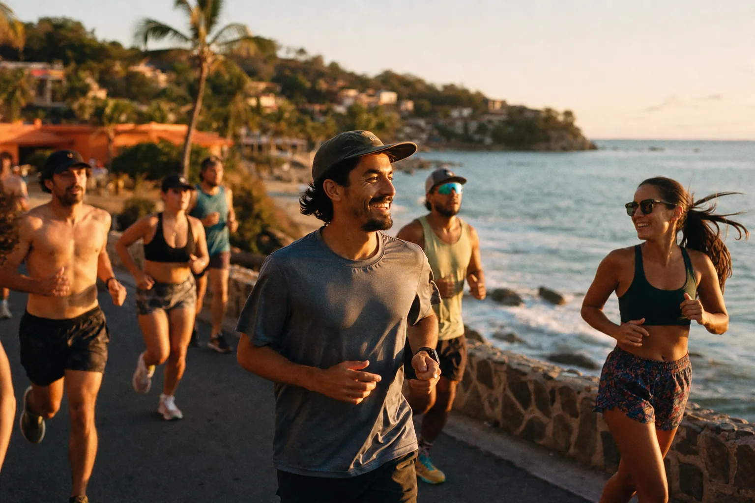 Corredores del Zihuatanejo Run Club corriendo por una carretera costera al atardecer