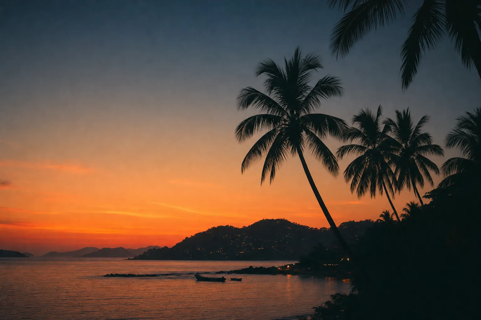Atardecer sobre la bahía de Zihuatanejo con palmeras